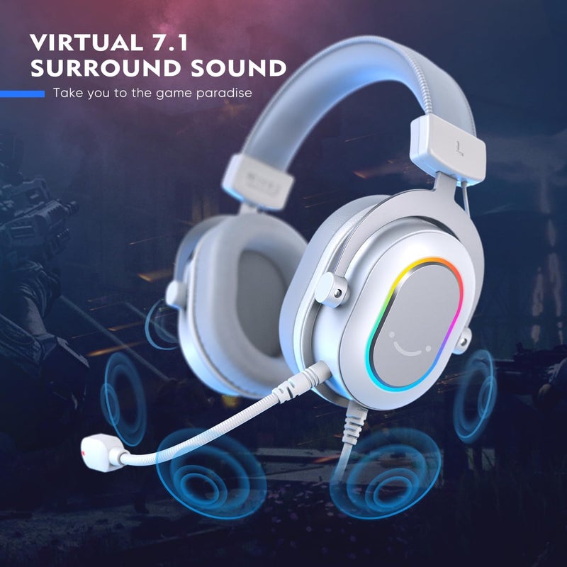 FIFINE USB Gaming Headset, PC Headphones Wired with Microphone for Computer/Laptop, Over-Ear RGB Headset with 7.1 Surround Sound, Noise Cancellation for Streaming Video Game- AmpliGame H6 (White) - Image 2